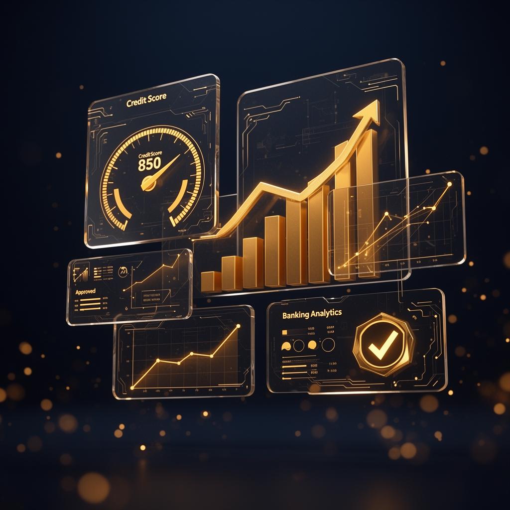 Painel financeiro premium com score de crédito, gráficos de aprovação bancária e análise inteligente